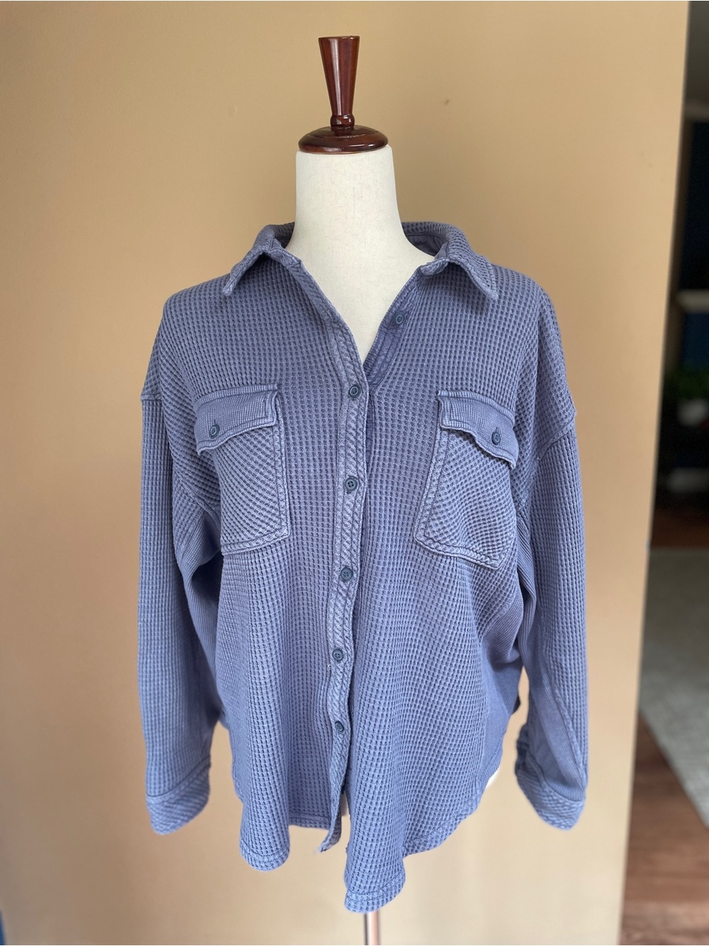 Aerie Womens Lumberjane Henley Waffle Button Down Shirt Size Medium Blue(?)